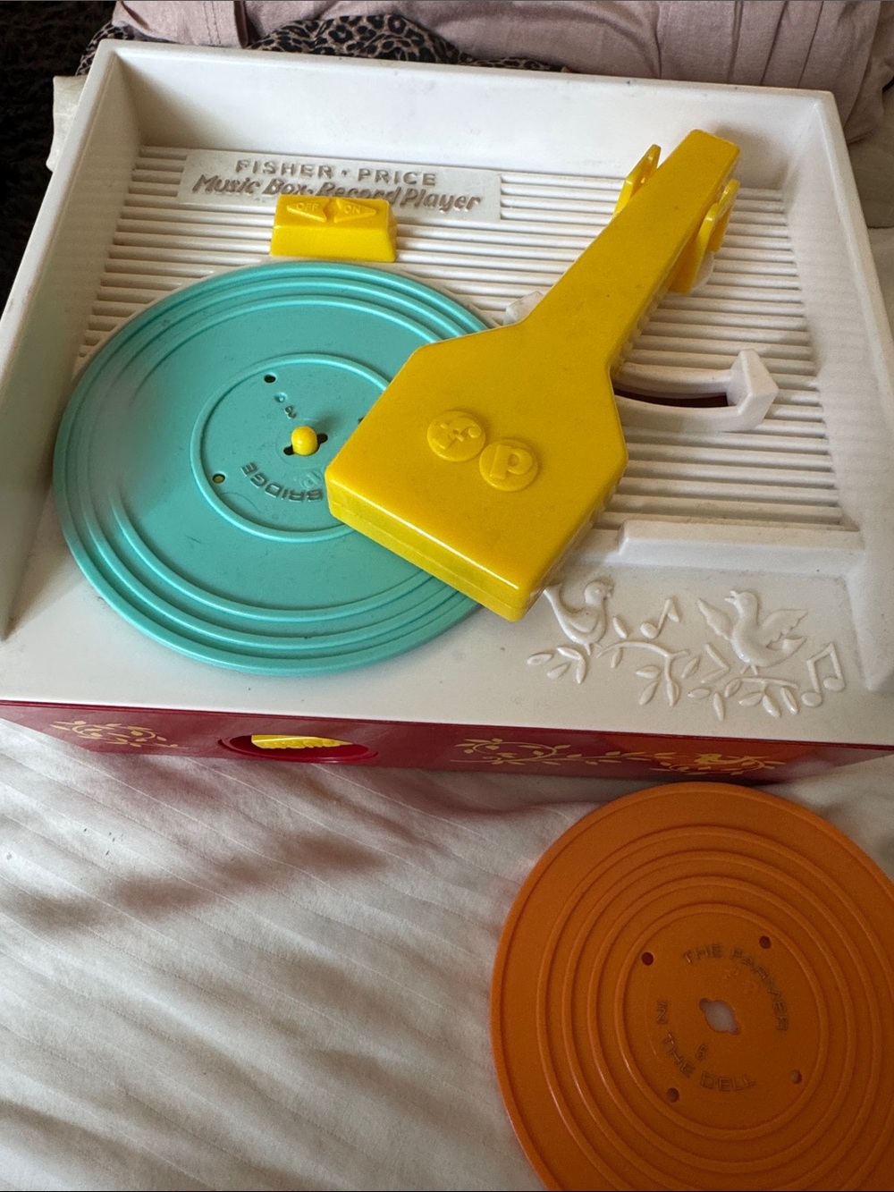Vintage Fisher-Price Retro Record Player Toy in White with Yellow, Teal & Orange